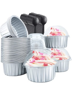 Cupcake Liners with Dome Lids 50 Pack,Free-Air 5oz Aluminum Foil Baking Cups Muffin Tin,Souffle Dessert Pudding Ramekin Holders for Individual Bakery Wedding Birthday Party,with 50 Spoons-Silver - BGBWZ2D1B
