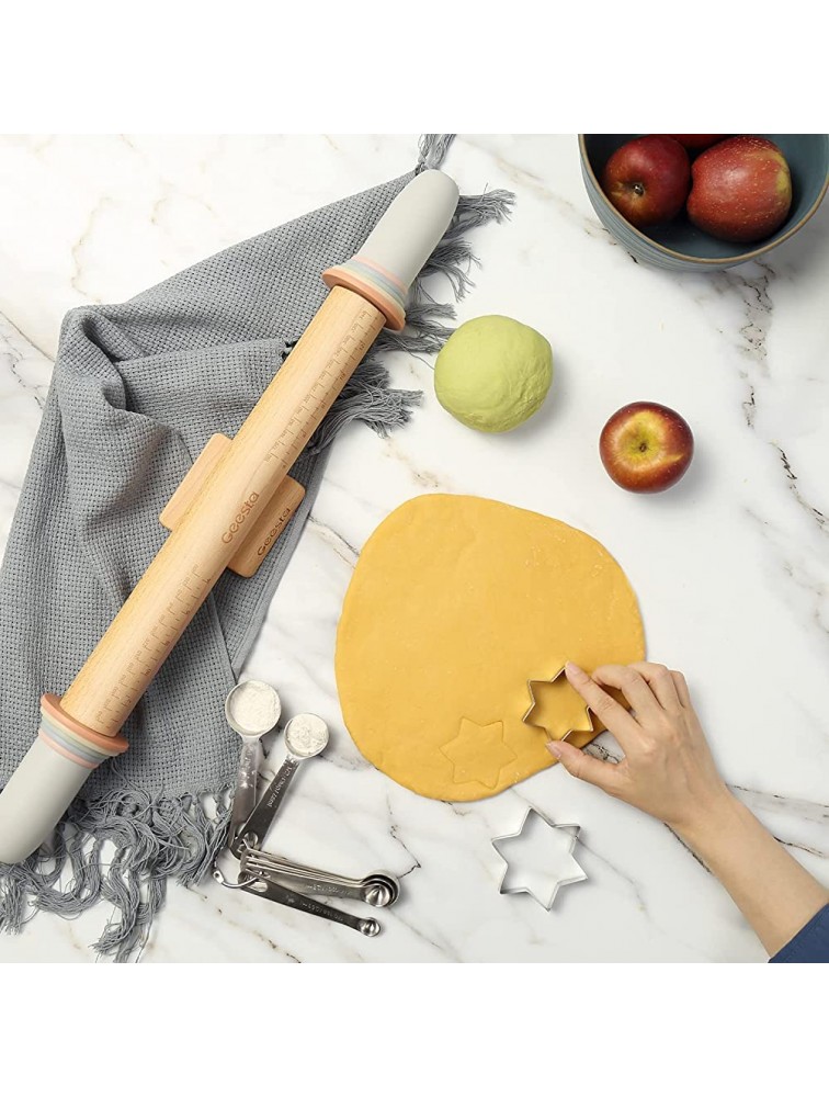 Adjustable Rolling Pin with 5 Thickness Rings & Handles Press Design 17.3 Length Crust Measurement Guide Baking Accessories - BTPAV1QNR