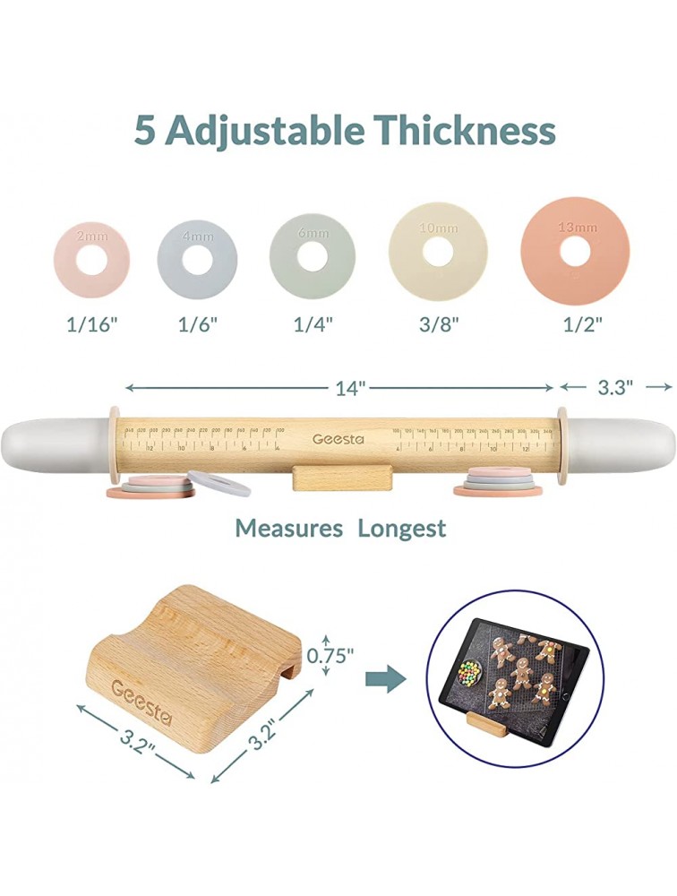 Adjustable Rolling Pin with 5 Thickness Rings & Handles Press Design 17.3 Length Crust Measurement Guide Baking Accessories - BTPAV1QNR