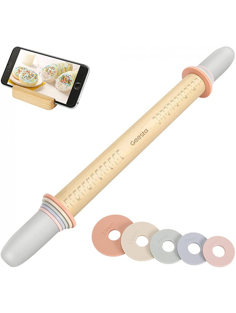 Adjustable Rolling Pin with 5 Thickness Rings & Handles Press Design 17.3" Length Crust Measurement Guide Baking Accessories - BTPAV1QNR