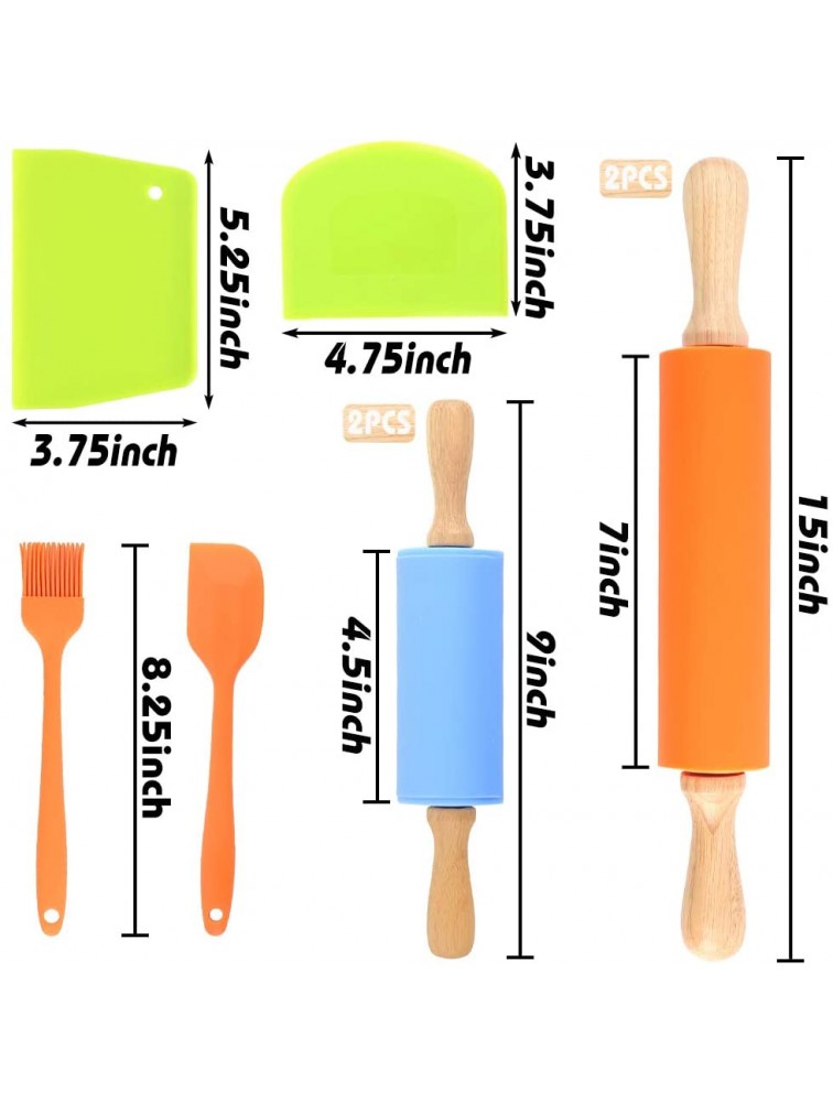 Koogel 8 Pcs Silicone Rolling Pins Set 15 Inch Non-Stick Rolling Pins 9 Inch Kids Rolling Pin Scraper Chopper Silicone Oil Brush Spatula for Parent-Child Baking - BKEFWUOSC