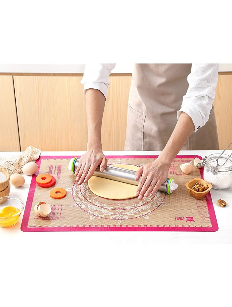 Rolling Pin with Thickness Rings with Silicone Baking Mat Set GUANCI Stainless Steel Dough Roller Non-Stick Heat-Resistant Pastry Baking Mat for Baking Dough Pizza Pie Pastries Pasta Cookies - B1HPKBE1X