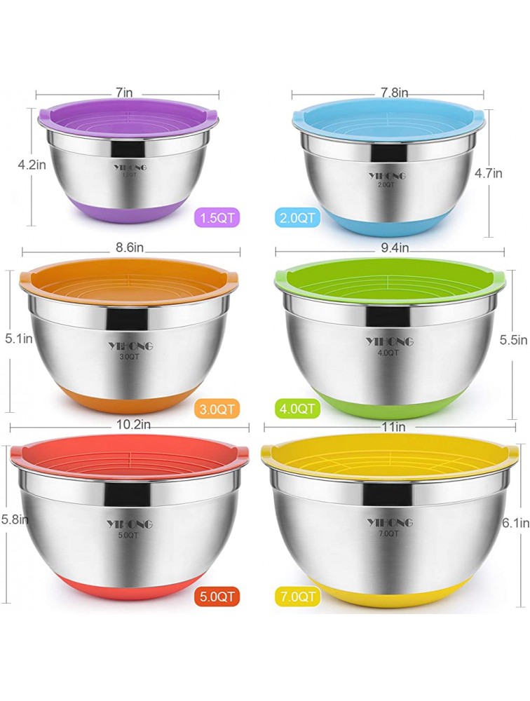 6 Pcs Stainless Steel Mixing Bowls with Lids,YIHONG Metal Nesting Mixing Bowls Set for Mixing Baking,Serving,Food Prep Size 7 5 4 3 2 1.5QT with Colorful Non-Slip Bottoms - BZ3Y26WKS