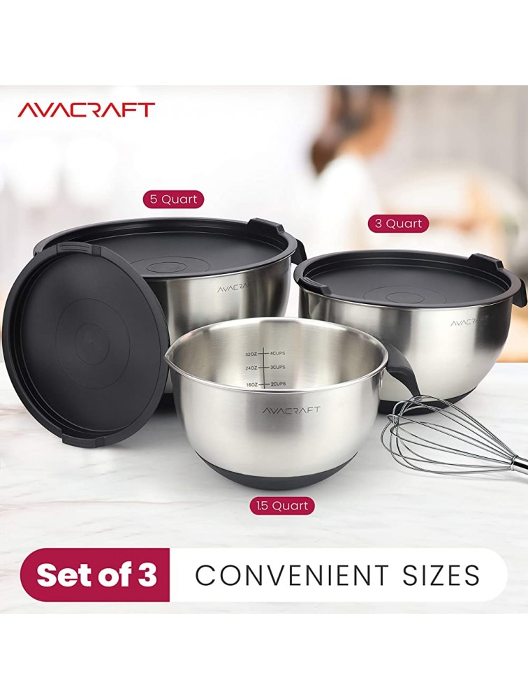 AVACRAFT 18 10 Stainless Steel Mixing Bowls with Lids non slip silicone base bowls with Handle Mixing Bowl Set with Pour Spouts & Measurement Marks Home Essentials Cooking Bowls Black - B9FJL52YU