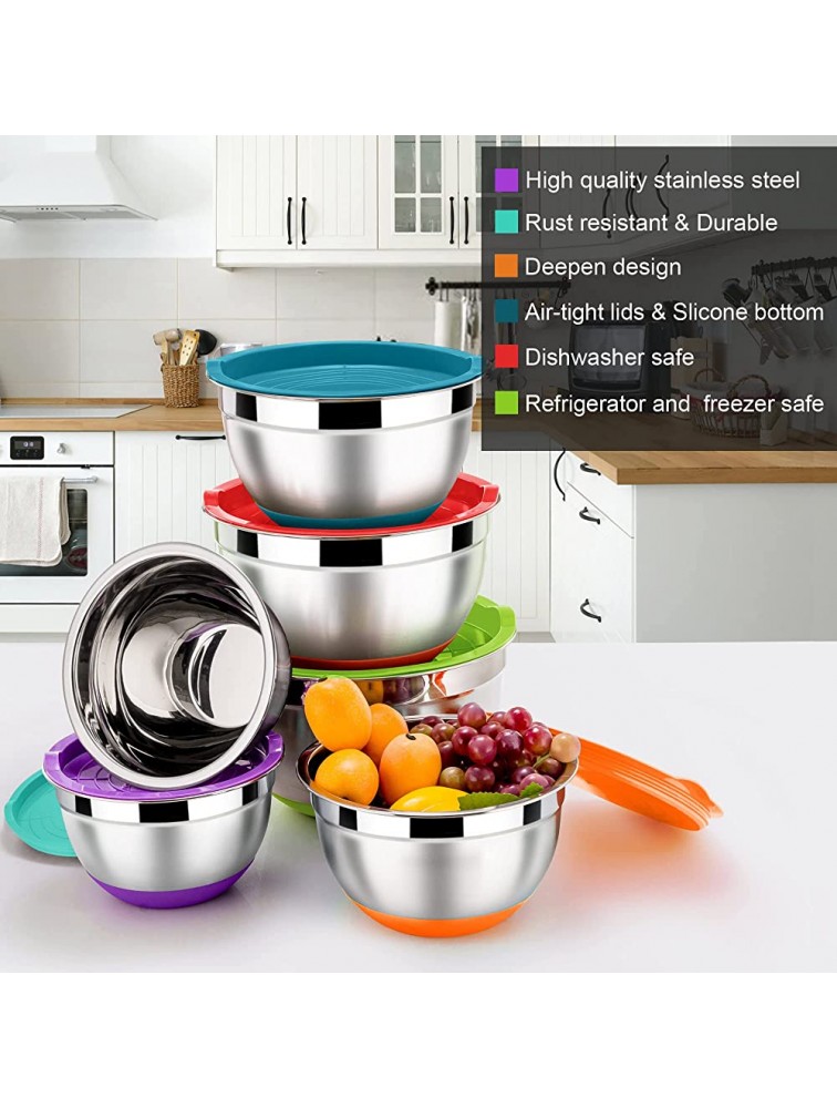 LIANYU Stainless Steel Mixing Bowls Set of 6 Nesting Mixing Bowl with Airtight Lids Size 7 3.5 2.5 2 1.5 1QT Large Metal Bowls for Baking Cooking Food Storage Non-slip Bottom Colorful - BPKXMF7V1