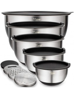 Mixing Bowls Set of 5 Wildone Stainless Steel Nesting Bowls with Airtight Lids 3 Grater Attachments Measurement Marks & Non-Slip Bottoms Size 5 3 2 1.5 0.63 QT Great for Mixing & Serving - B275E40M1