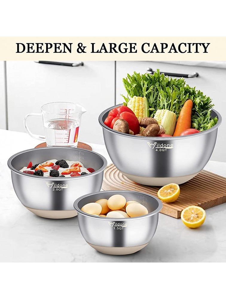 Mixing Bowls with Airtight Lids 19 PCS Stainless Steel Metal Bowls by Wildone with Non-Slip Silicone Bottoms & Measurement Marks Size 5 4 3 2,1.5 0.63QT Great for Mixing & Serving Khaki - BSZMO3A3H