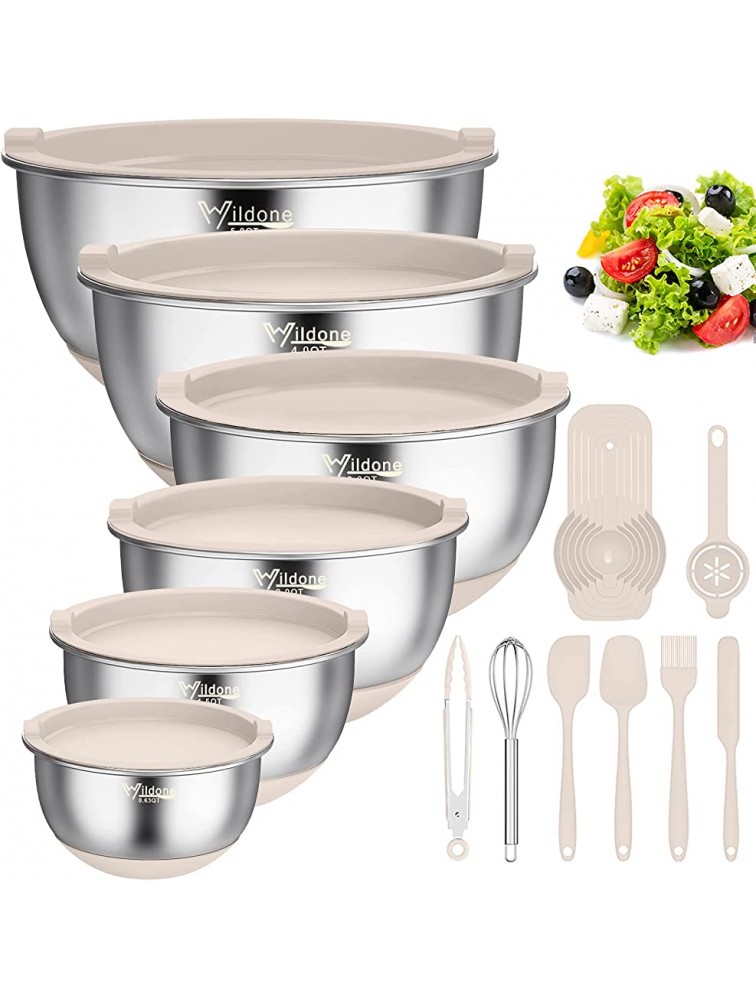 Mixing Bowls with Airtight Lids 19 PCS Stainless Steel Metal Bowls by Wildone with Non-Slip Silicone Bottoms & Measurement Marks Size 5 4 3 2,1.5 0.63QT Great for Mixing & Serving Khaki - BSZMO3A3H