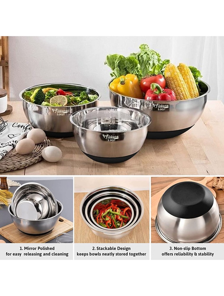 Mixing Bowls with Airtight Lids 3 Piece Stainless Steel Metal Nesting Bowls by Wildone with Non-slip Bottoms & Measurement Marks Size 2 3 5QT Great for Mixing & Serving Black - BUK3GL1I6