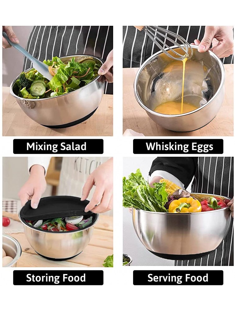 Mixing Bowls with Airtight Lids 3 Piece Stainless Steel Metal Nesting Bowls by Wildone with Non-slip Bottoms & Measurement Marks Size 2 3 5QT Great for Mixing & Serving Black - BUK3GL1I6