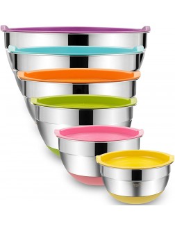 Mixing Bowls with Airtight Lids 6 Piece Stainless Steel Metal Bowls by Umite Chef Measurement Marks & Colorful Non-Slip Bottoms Size 7 3.5 2.5 2.0,1.5 1QT Great for Mixing & Serving - BNT6RYSXG