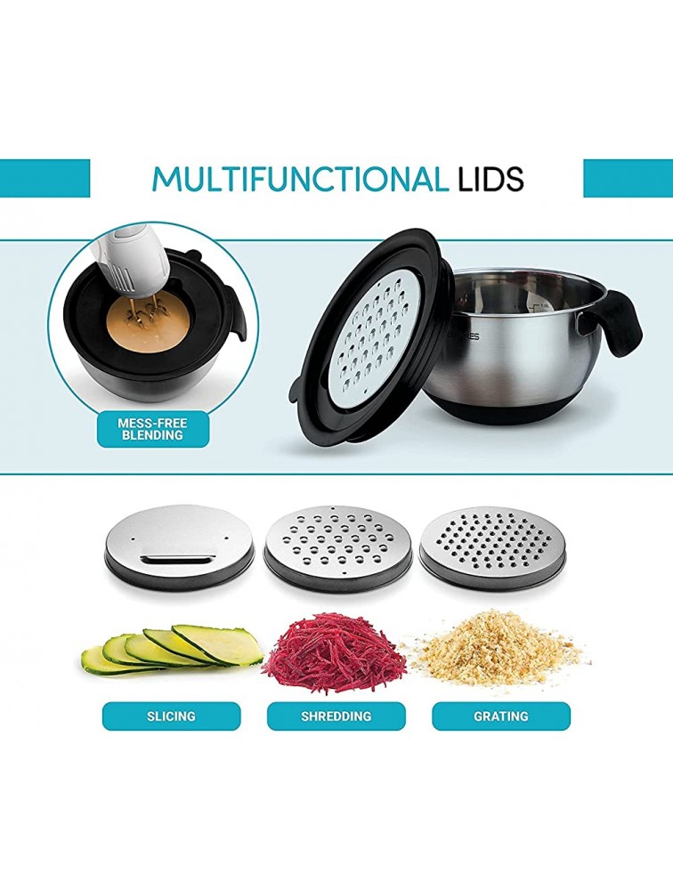 Mixing Bowls With Lids Set Stainless Steel Mixing Bowl Set with Graters Lids Measurements and Spouts Convenient Metal Mixing Bowls for Food Prep and Storage 3 Bowls and Lids 3 Graters Black - BGOZHHJHT