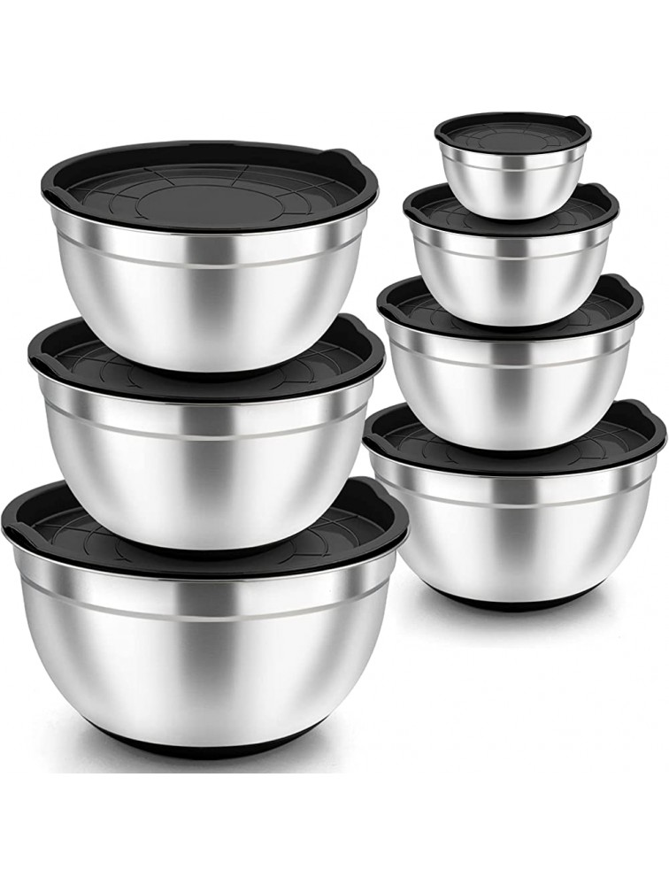 TeamFar Mixing Bowls Stainless Steel Mixing Bowls with Lids Black Nesting Salad Bowl with Air-tight Lid & Silicone Bottom Non Slip & Stackable Set of 7 4.6 3.5 2.6 2 1.5 1 0.7 Qt - BUA1FO10J