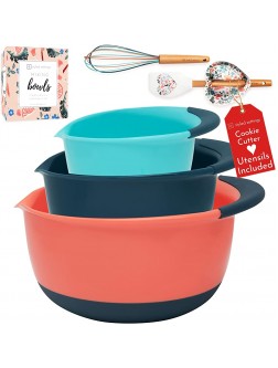 Vibrant Plastic Mixing Bowl Set 6-Piece Kitchen Prep Bowls Includes Silicone Spatula & Silicone Whisk Non-Slip Grip Rubber Large Mixing Bowls with Pour Spout and Handle-Plastic Bowls for Kitchen - BUPLQF3WG