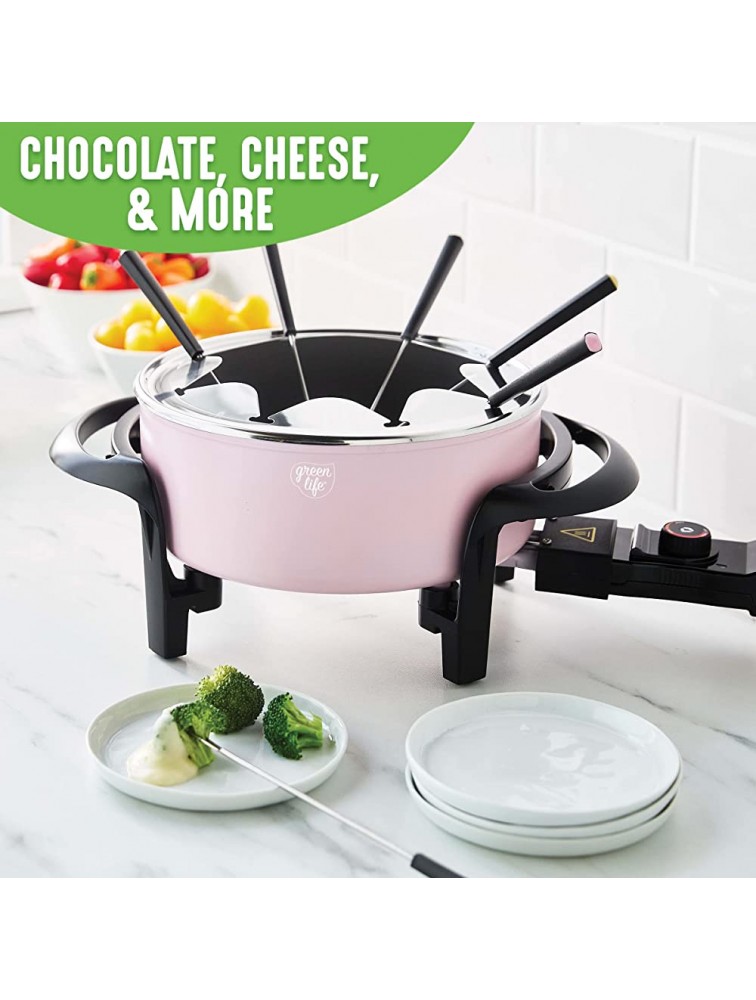 GreenLife 14 Cup Electric Fondue Maker Pot Set For Cheese Chocolate and Meat 8 Color Coded Forks Healthy Ceramic Nonstick Adjustable Temperature Control Dishwasher Safe Parts PFAS-Free Pink - BRKNY0H6N