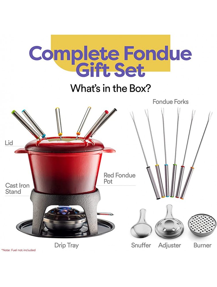 Klee 12-Piece Cast Iron Fondue Set with Red Fondue Pot 6 Fondue Forks Fondue Burner and Fondue Pot Base 44 oz - B7MKRRPLW