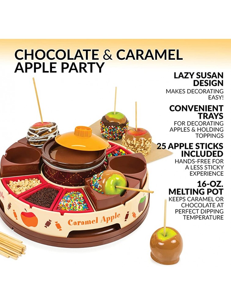 Nostalgia CCA5 Lazy Susan Chocolate & Caramel Apple Party with Heated Fondue Pot 25 Sticks Decorating and Toppings Trays - BAZ0VMO4A