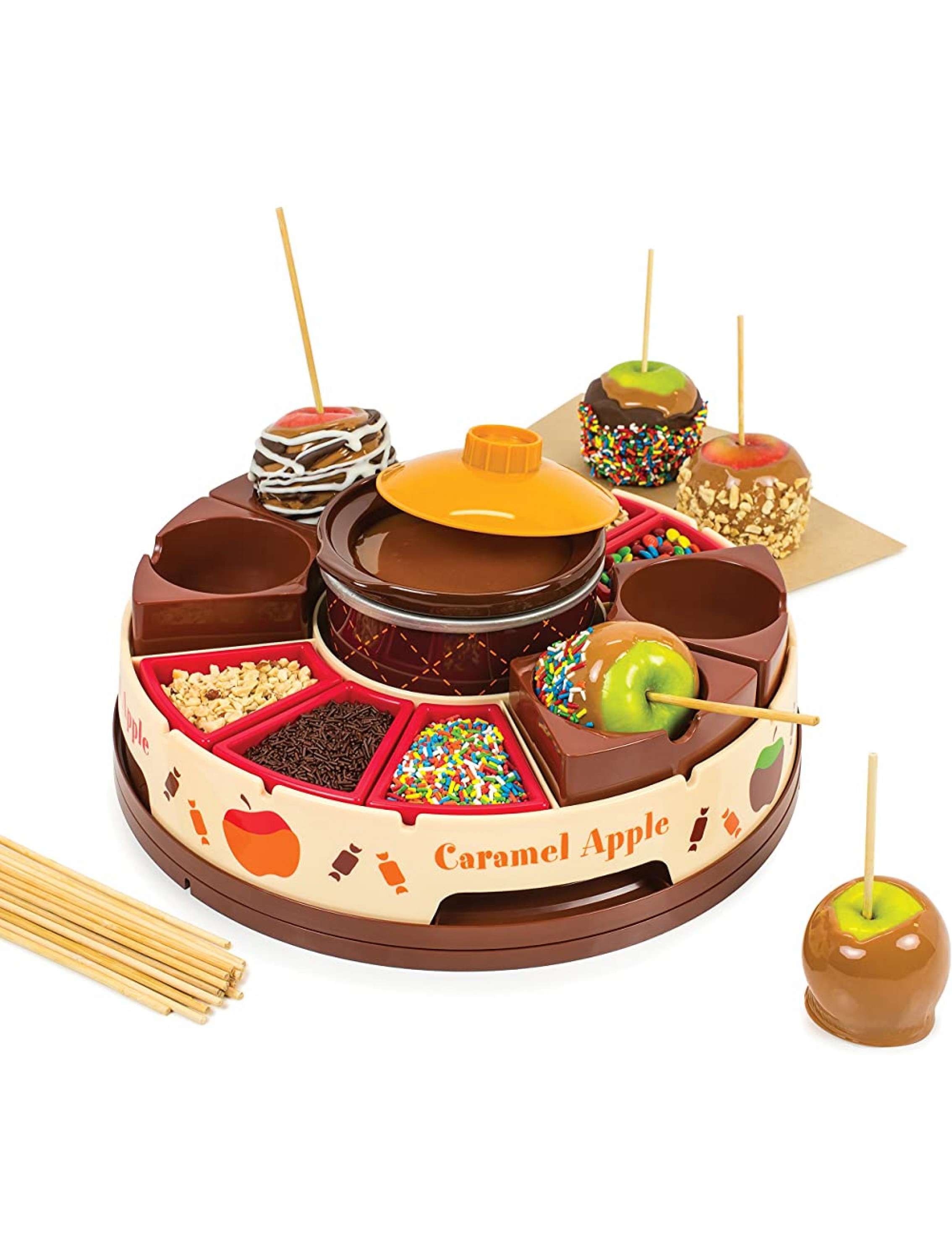 Nostalgia CCA5 Lazy Susan Chocolate & Caramel Apple Party with Heated Fondue Pot 25 Sticks Decorating and Toppings Trays - BAZ0VMO4A