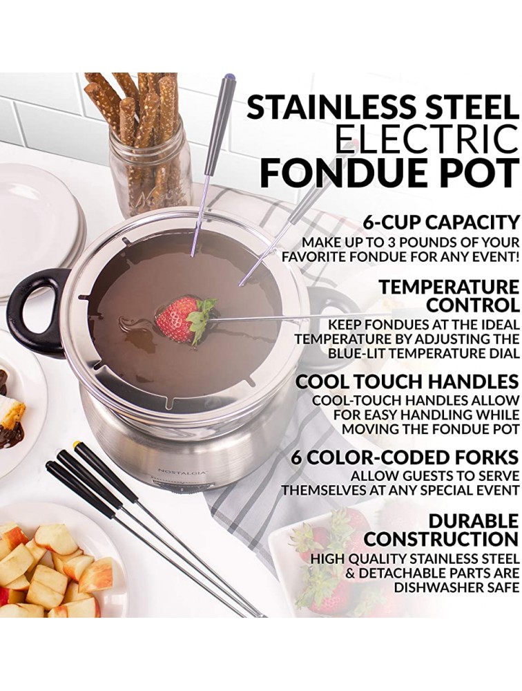 Nostalgia FPS200 6-Cup Stainless Steel Electric Fondue Pot with Temperature Control 6 Color-Coded Forks and Removable Pot Perfect for Chocolate Caramel Cheese Sauces and More - B8I2I89ZU