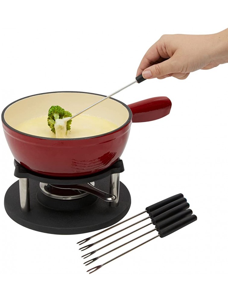 Red Fondue Pot Set with 6 Long Forks and Burner for Cheese and Chocolate 10 Piece Set - BK4LWU98S