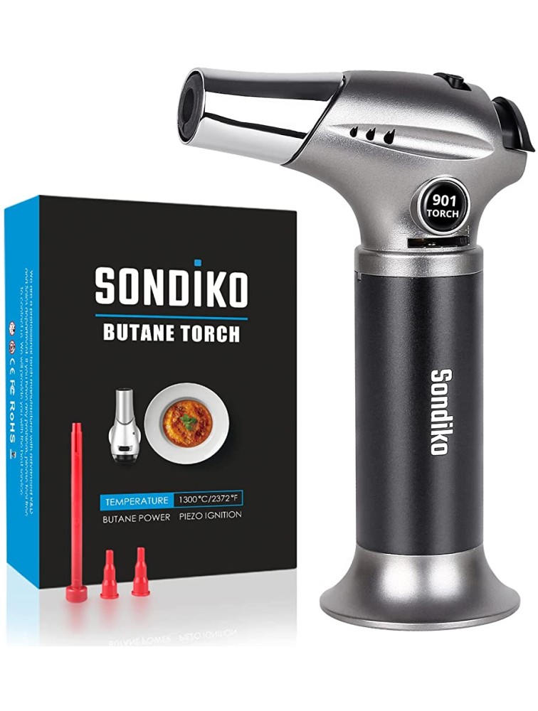 Butane Torch Sondiko Refillable Torch Lighter Fit All Butane Tanks Torch with Safety Lock Adjustable Flame and Continuous Mode Kitchen Torch for Dessert Baking BBQ Butane Gas Not Included - BDP7FA4I7