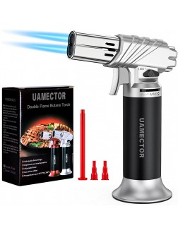 Uamector Butane Torch Culinary Kitchen Torch Lighter Adjustable Double Flame with Safety Lock Refillable Butane Lighter for Creme Brulee BBQ Baking Desserts Without Butane Silver - BC0Q5AMYP