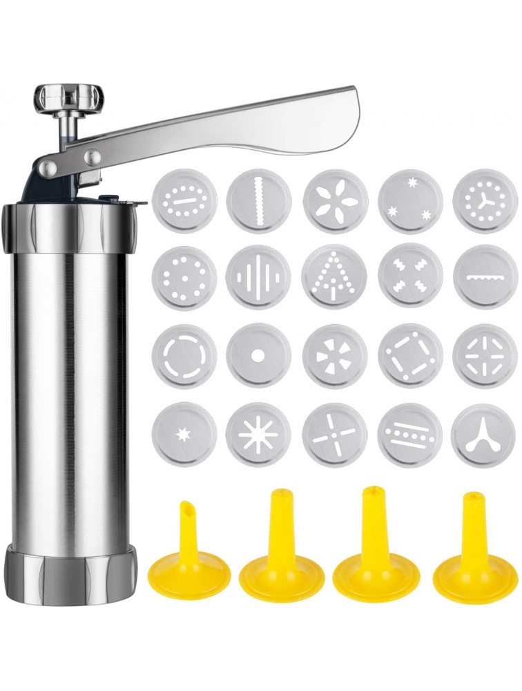 Cookie Press Gun Stainless Steel Cookie Press with 20 Cookie Mold Discs and 4 Piping Nozzles Suitable for DIY Biscuit Maker and Decoration Cake Decorating Tool Silver - BI9ZYEO5Z