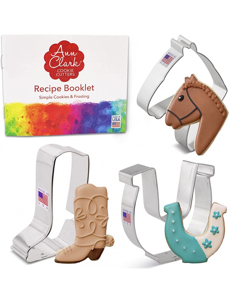 Ann Clark Cookie Cutters 3-Piece Western Horse Cowboy Cookie Cutter Set with Recipe Booklet Horse Head Cowboy Boot and Horseshoe - B6Z5RC8J3