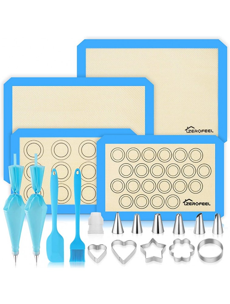 Zerofeel Non-Stick Silicone Baking Set 20pcs Silicone Baking Mats Kit,Silicone Mats for Baking,with Decorator Nozzles and Biscuit Mold for Macaroon Pastry Cookie Pie - BC62TI31M