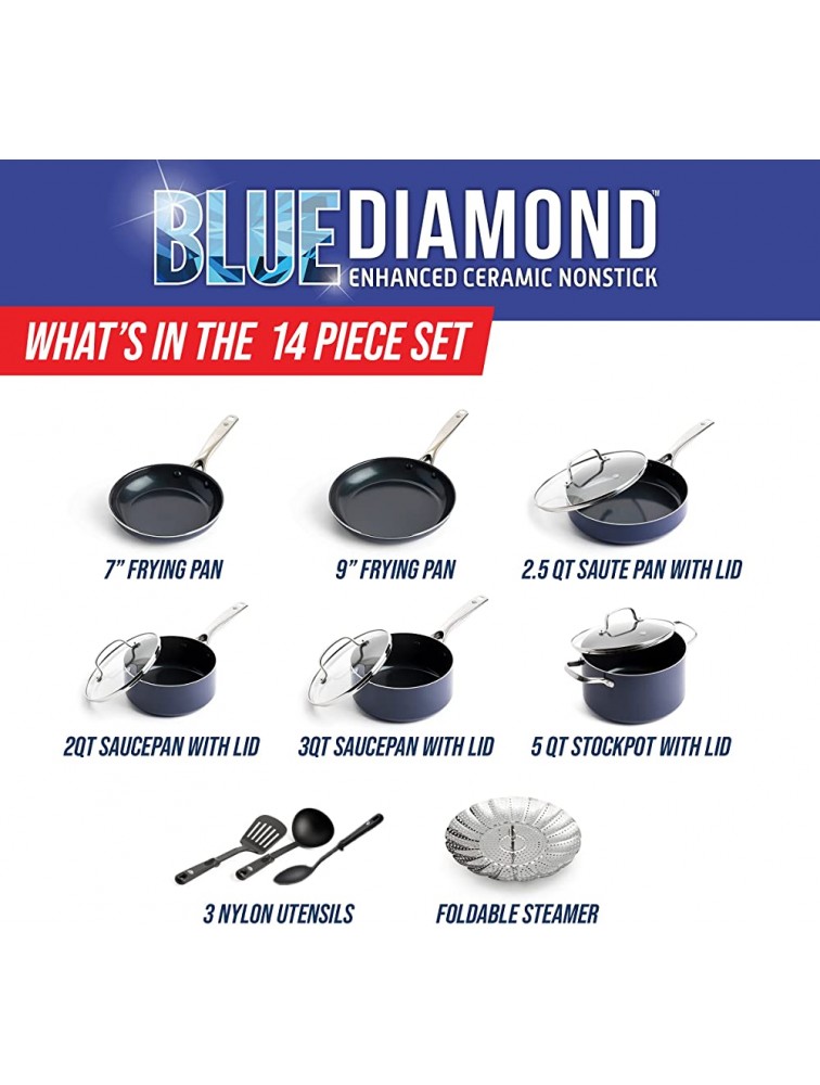 Blue Diamond Cookware Diamond Infused Ceramic Nonstick 14 Piece Cookware Pots and Pans Set PFAS-Free Dishwasher Safe Oven Safe Blue - BGK5F1NV7