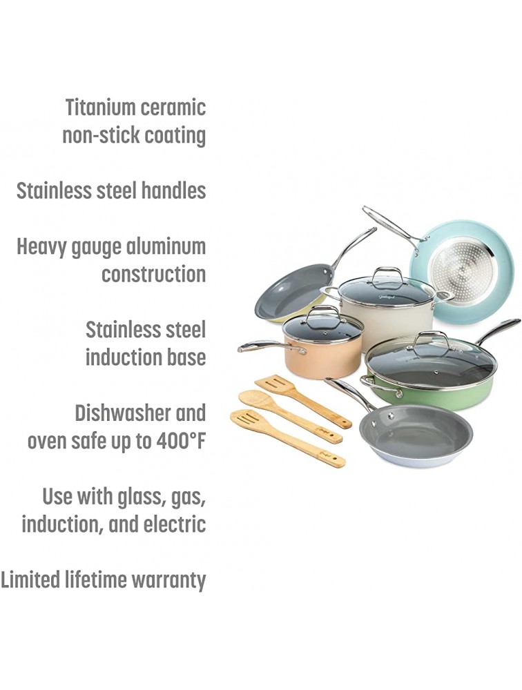 Goodful 12 Piece Cookware Set with Titanium-Reinforced Premium Non-Stick Coating Dishwasher Safe Tempered Glass Steam Vented Lids Stainless Steel Handles Multicolor - BV2P3PHMV