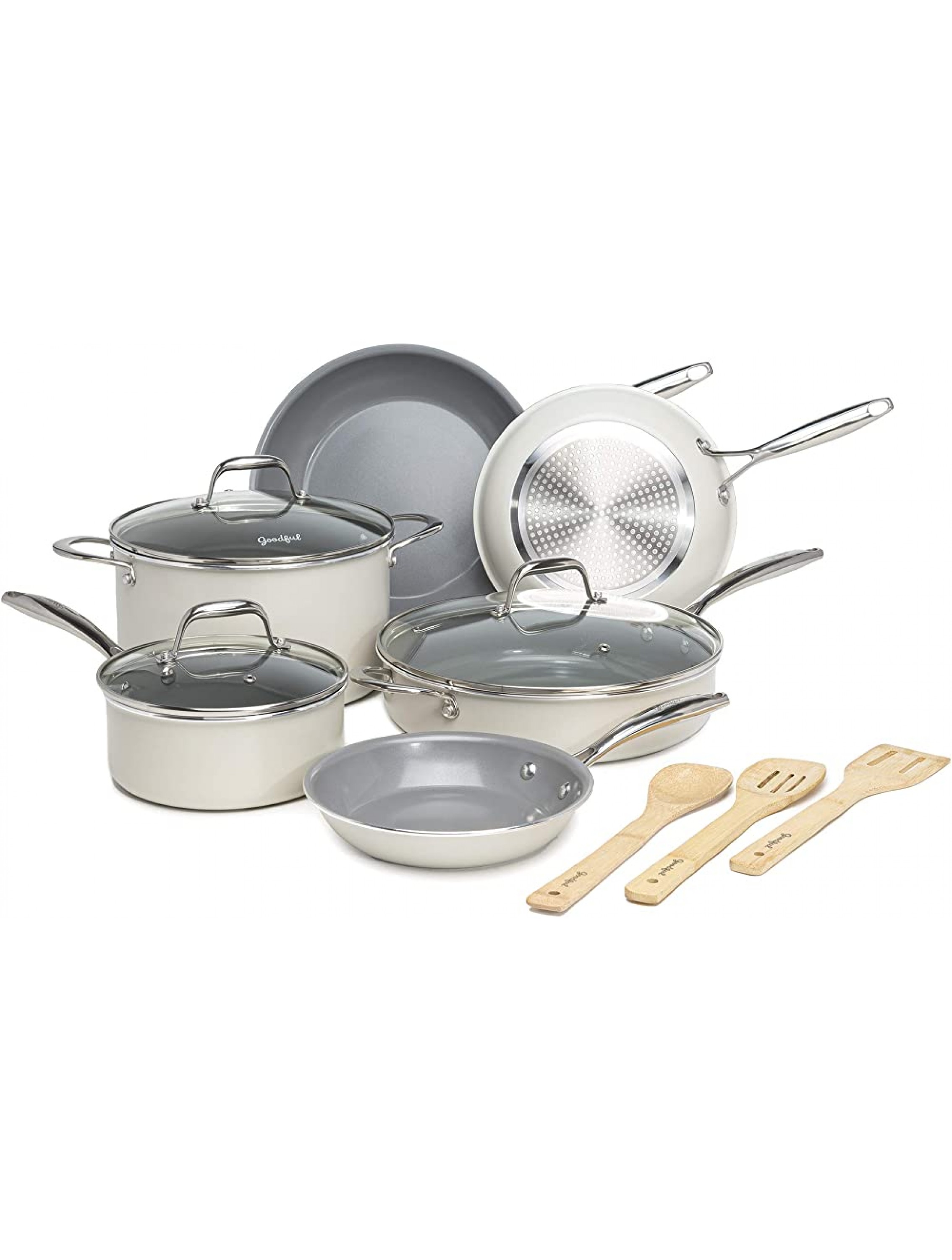 Goodful 12 Piece Cookware Set with Titanium-Reinforced Premium Non-Stick Coating Dishwasher Safe Pots and Pans Tempered Glass Steam Vented Lids Stainless Steel Handles Cream - BPRVUKNUD
