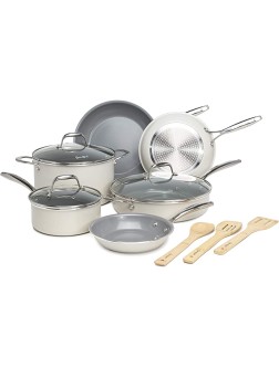 Goodful 12 Piece Cookware Set with Titanium-Reinforced Premium Non-Stick Coating Dishwasher Safe Pots and Pans Tempered Glass Steam Vented Lids Stainless Steel Handles Cream - BPRVUKNUD