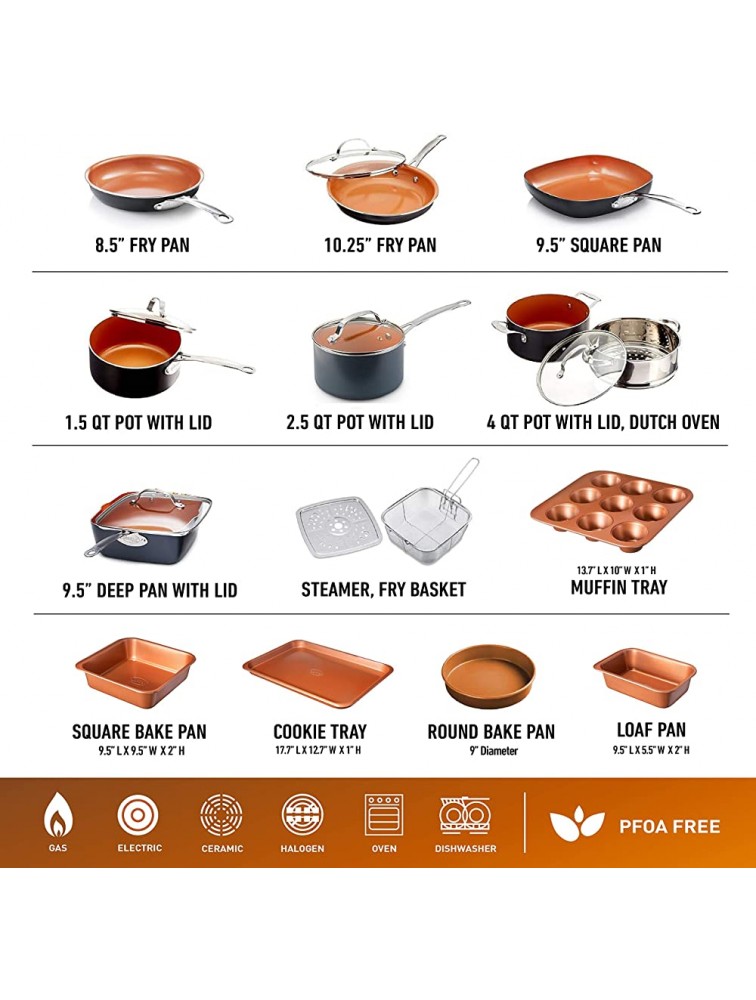 Gotham Steel 20 Piece Pots & Pans Set Complete Kitchen Cookware + Bakeware Set | Nonstick Ceramic Copper Coating – Frying Pans Skillets Stock Pots Deep Square Fry Basket Cookie Sheet & Baking Pans - BPFEGYDUX