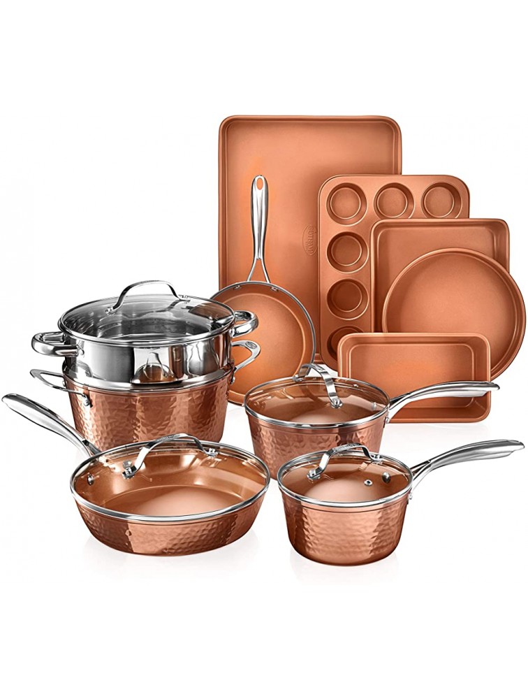 Gotham Steel Hammered Copper Collection – 15 Piece Premium Cookware & 14” Nonstick Fry Pan with Lid – Hammered Copper Collection Premium Aluminum Cookware with Stainless Steel Handles Dishwasher - BXXJ3PA3H
