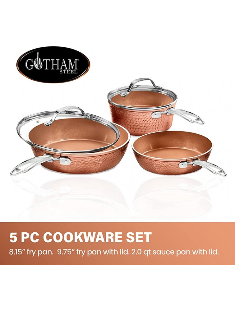 Gotham Steel Premium Hammered Cookware – 5 Piece Ceramic Cookware Pots and Pan Set with Triple Coated Nonstick Copper Surface & Aluminum Composition for Even Heating Oven Stovetop & Dishwasher Safe - BX492MGZ5