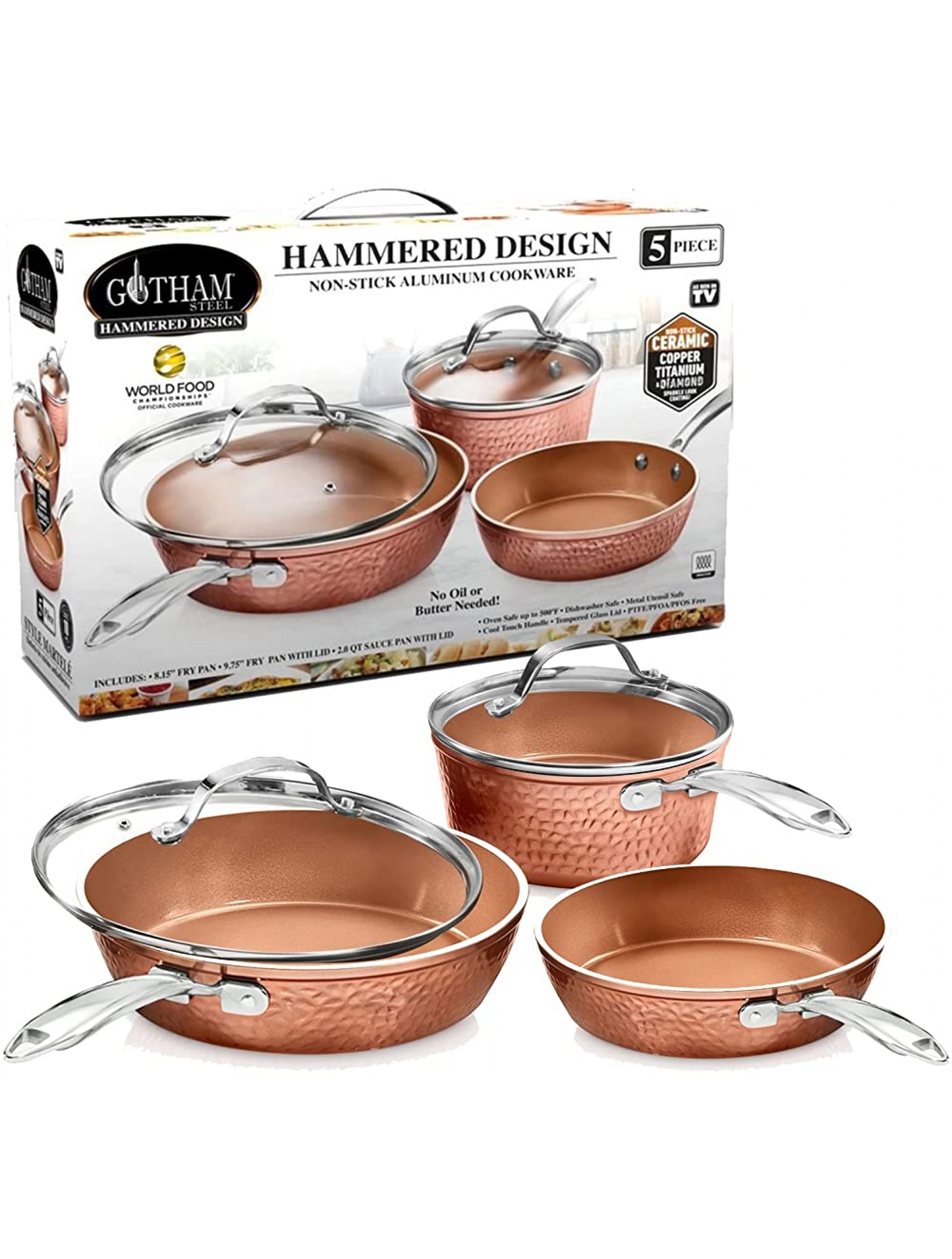 Gotham Steel Premium Hammered Cookware – 5 Piece Ceramic Cookware Pots and Pan Set with Triple Coated Nonstick Copper Surface & Aluminum Composition for Even Heating Oven Stovetop & Dishwasher Safe - BX492MGZ5