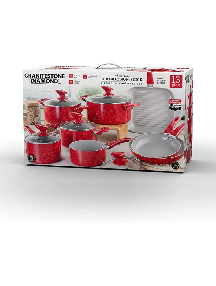 Granitestone Nonstick Cookware Set 13 Piece Nonstick Pots and Pans Set with Triple Layer Diamond Coating 100% PFOA Free Stay Cool Touch Handles Metal Utensil Safe Oven & Dishwasher Safe Red - BW42XHFWZ