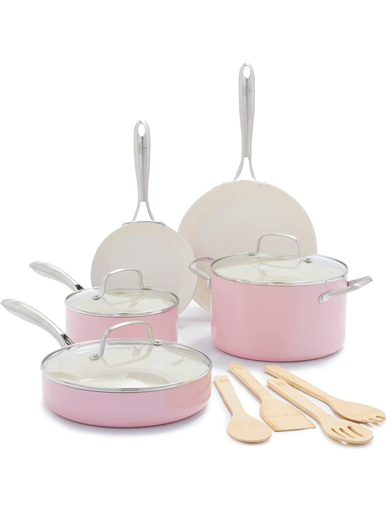 GreenLife Artisan Healthy Ceramic Nonstick 12 Piece Cookware Pots and Pans Set Stainless Steel Handle PFAS-Free Dishwasher Safe Oven Safe Soft Pink - BF8RNB9F7