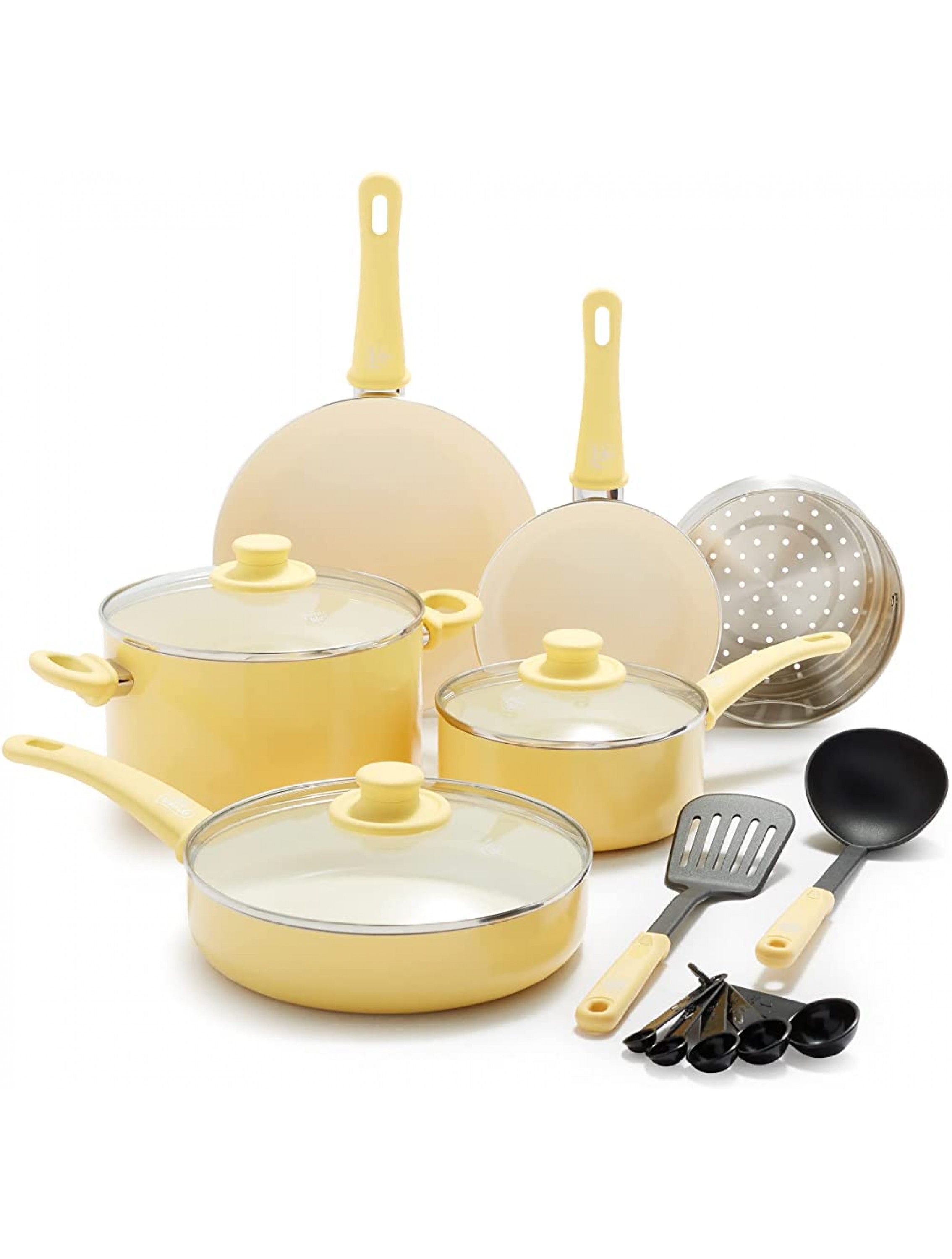 GreenLife Soft Grip Healthy Ceramic Nonstick 12 Piece Cookware Pots and Pans Set PFAS-Free Dishwasher Safe Yellow - BE1T4CLSB