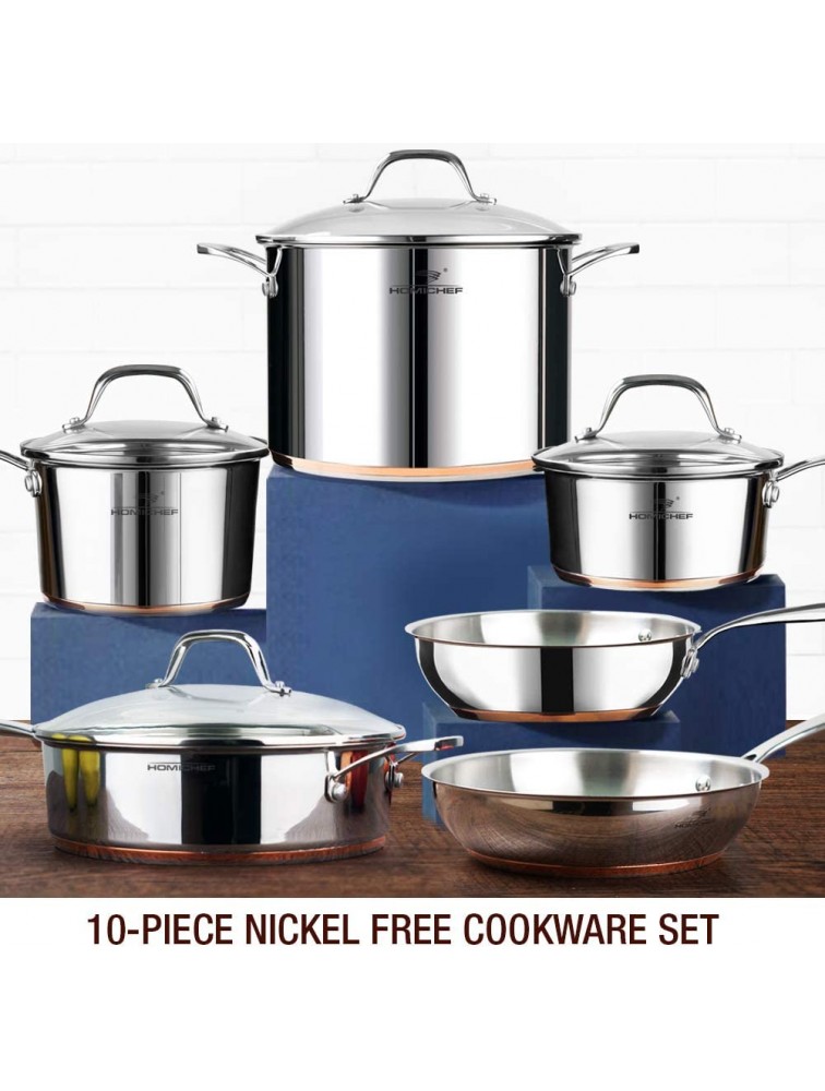 HOMICHEF 10-Piece Nickel Free Stainless Steel Cookware Set Copper Band Nickel Free Stainless Steel Pots and Pans Set Healthy Cookware Set Stainless Steel Non-Toxic Induction Cookware Sets - BNGIEX6K7
