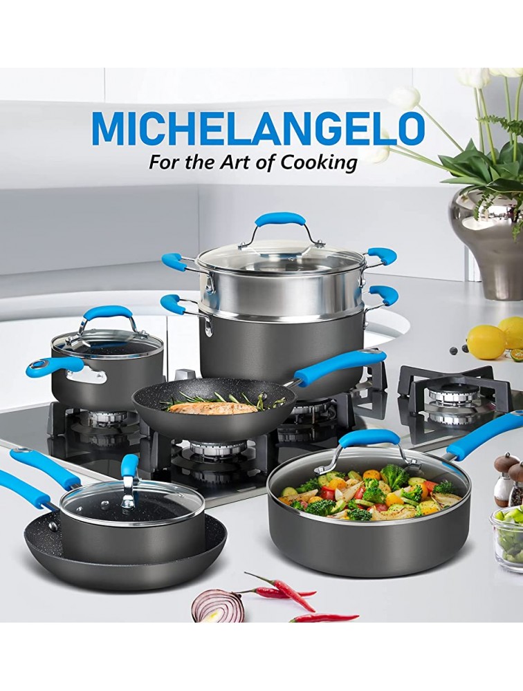 MICHELANGELO Hard Anodized Cookware Set 13 Piece Pro. Nonstick Pots and Pans Set with Granite-Derived Coating Induction Cookware Sets with Blue Silicone Handles Heavy Gauge Kitchen Cookware Sets - B86QAU7IK