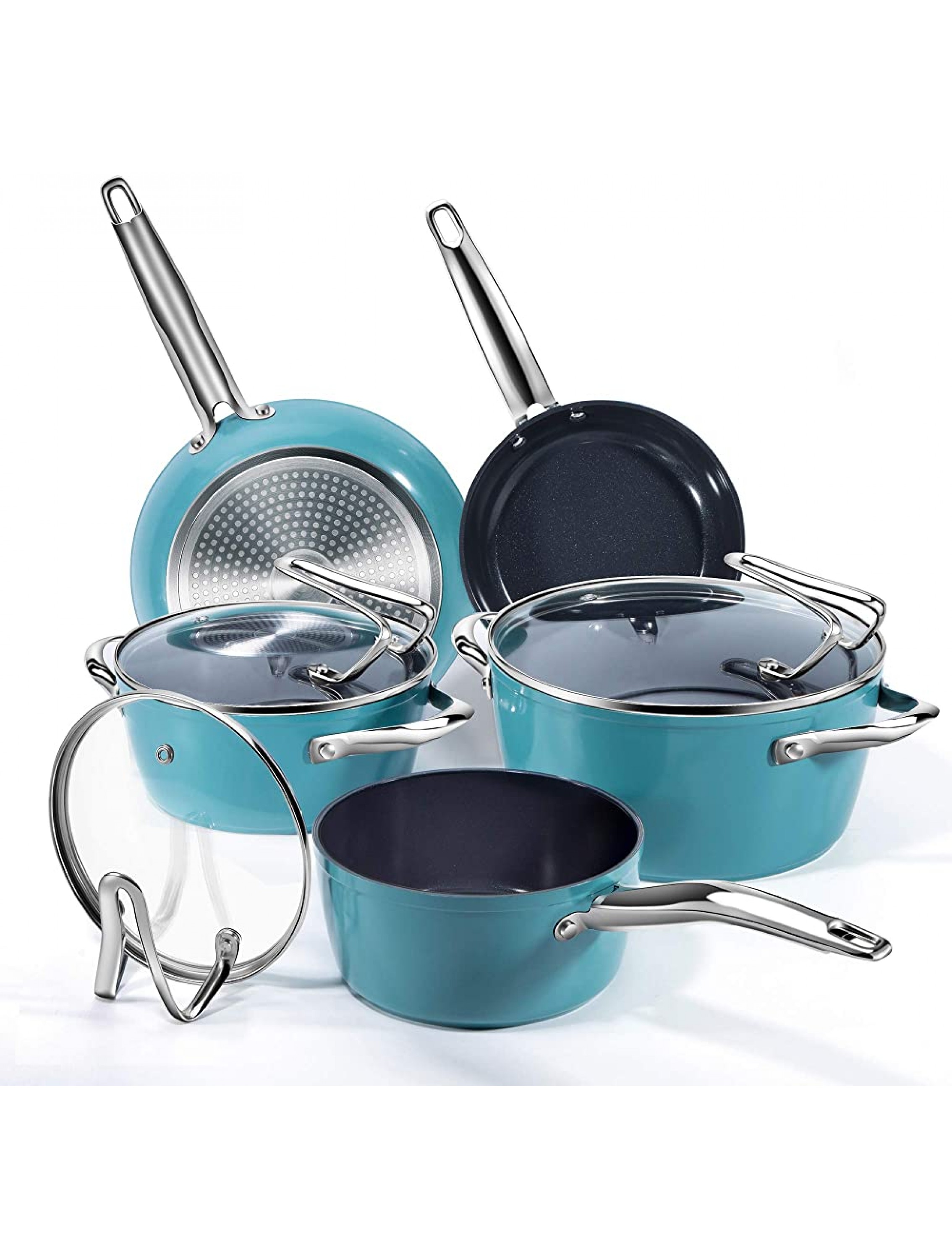 Nonstick Pot and Pan Cooking Set REDMOND Kitchen Ceramic Cookware Set for Stovetops Induction Cooktops Dishwasher Oven Safe 8 Pieces Blue - B8KDG83QZ