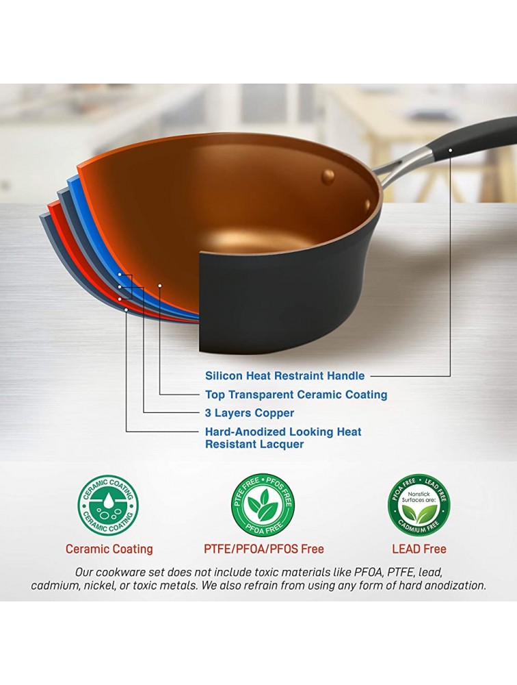 NutriChef Stackable Pots and Pans Set – 14-pcs Luxurious Stackable Cookware Set – Sauce Pans Nonstick Set with Lids– Healthy Food-Grade Copper Non-Stick Ceramic Coating PTFE PFOA and PFOS Free - BMX4DI7A1