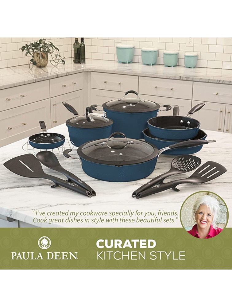 Paula Deen Family 14-Piece Ceramic Non-Stick Cookware Set 100% PFOA-Free and Induction Ready Features Stay-Cool Handles Dual Pour Spouts and Kitchen Tools Savannah Blue - BNII3G9R4