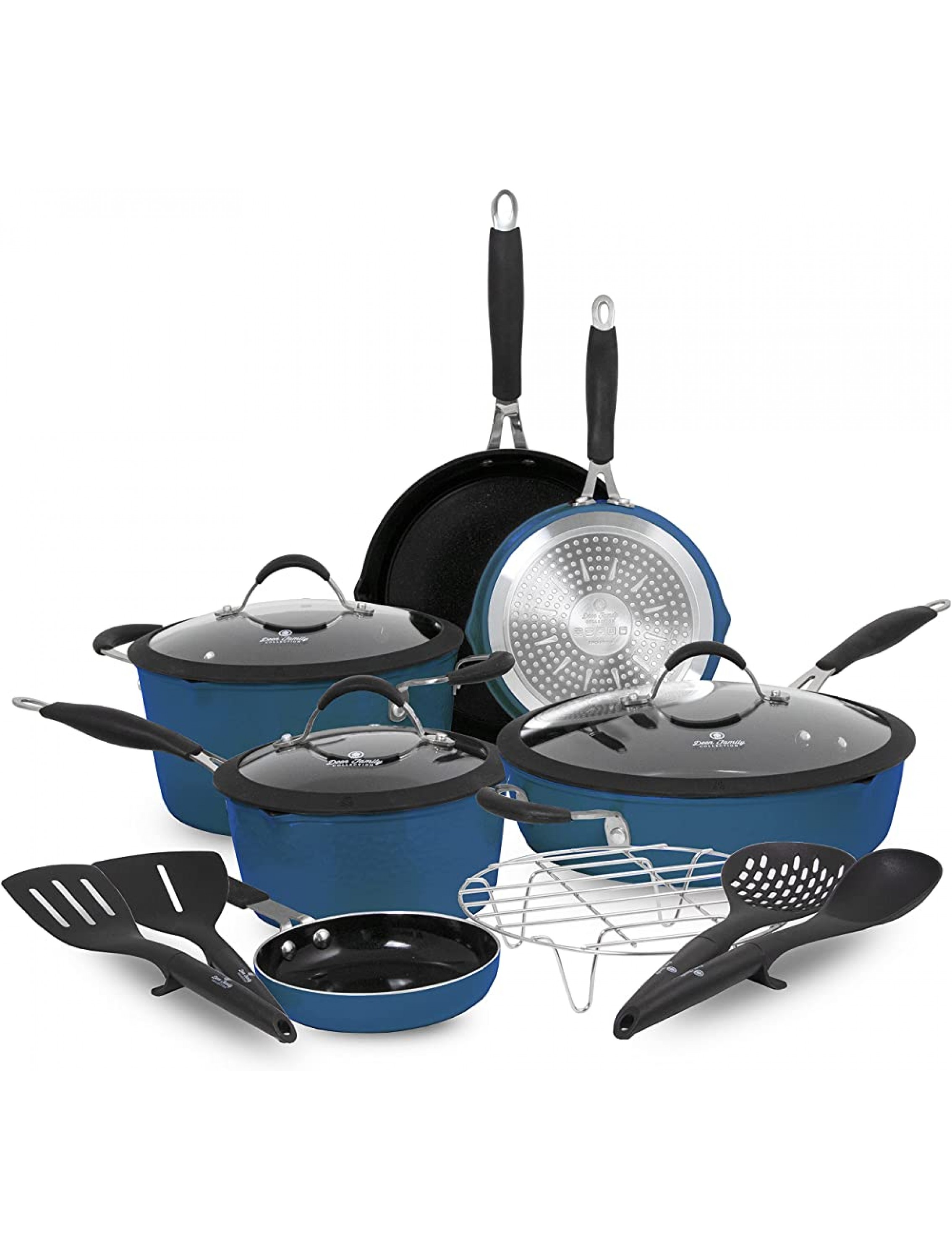 Paula Deen Family 14-Piece Ceramic Non-Stick Cookware Set 100% PFOA-Free and Induction Ready Features Stay-Cool Handles Dual Pour Spouts and Kitchen Tools Savannah Blue - BNII3G9R4