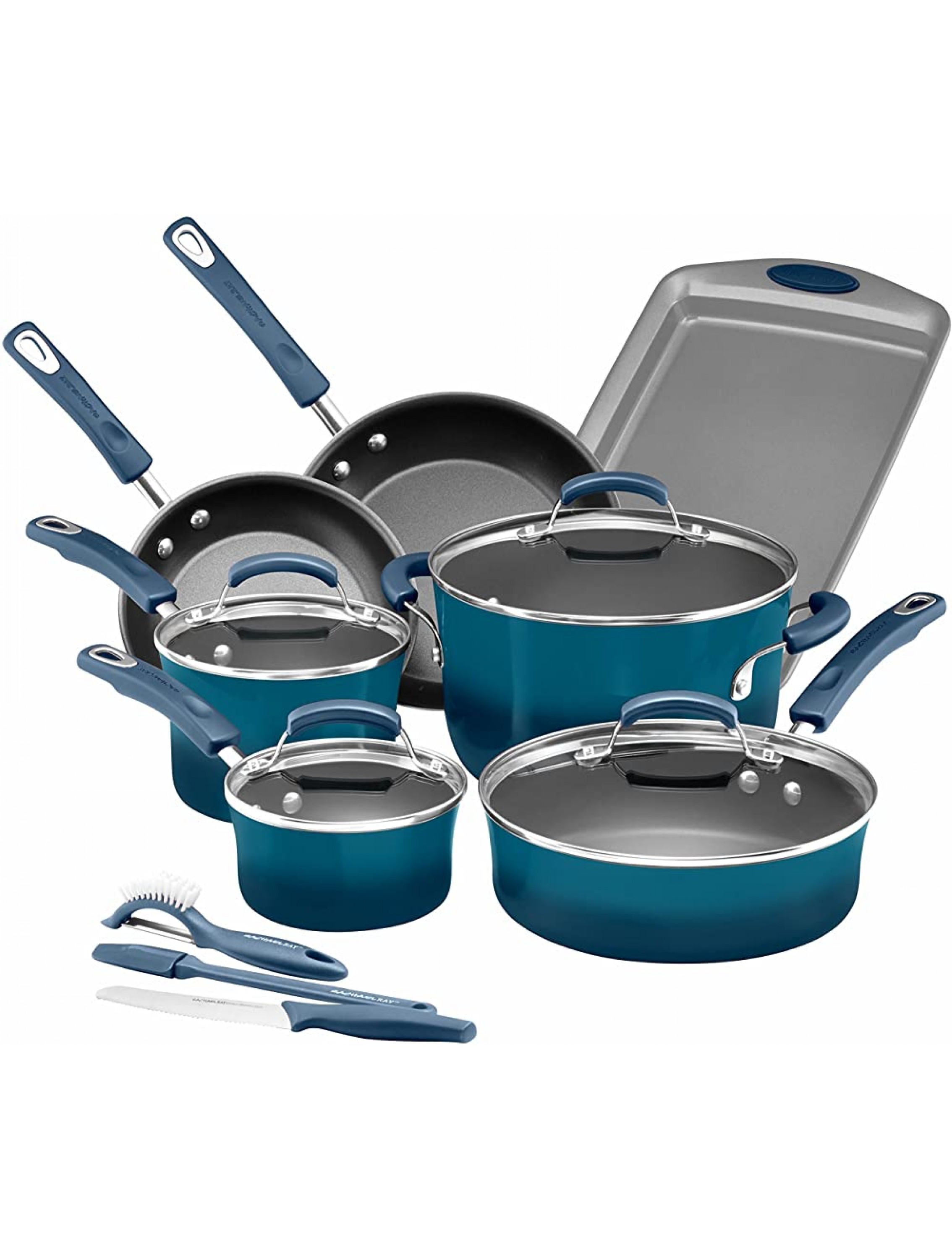 Rachael Ray Brights Nonstick Cookware Set Pots and Pans Set 14 Piece Marine Blue - B5FLVQBVQ