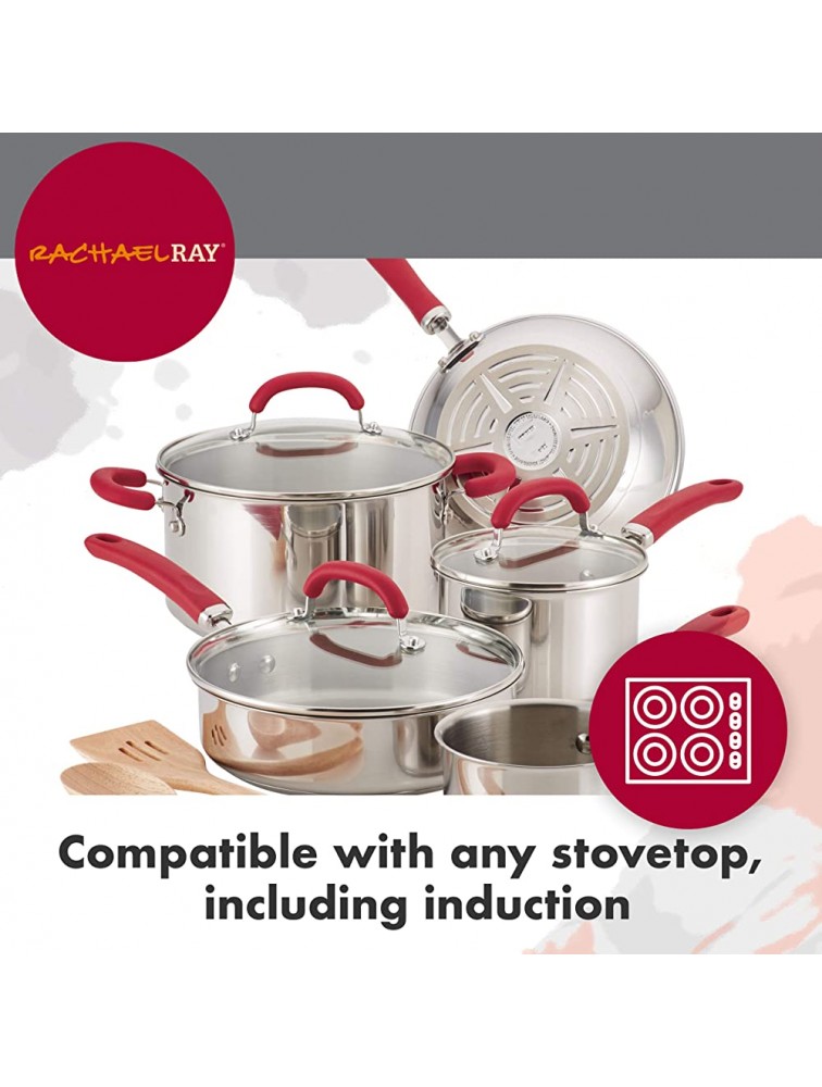Rachael Ray Create Delicious Stainless Steel Cookware Set 10-Piece Pots and Pans Set Stainless Steel with Red Handles - BF45PFLHB