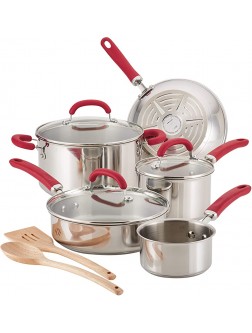 Rachael Ray Create Delicious Stainless Steel Cookware Set 10-Piece Pots and Pans Set Stainless Steel with Red Handles - BF45PFLHB
