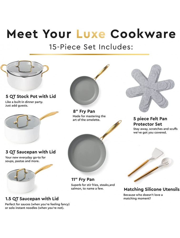 Styled Settings White Pots and Pans Set Nonstick-15 Piece Luxe White Cookware Set PFOA Free Non Toxic,Oven Safe,Induction Safe Cooking Pot with Strainer Lid,Gold Cooking Utensils,Gold Pots & Pans - BMLEHCB0J
